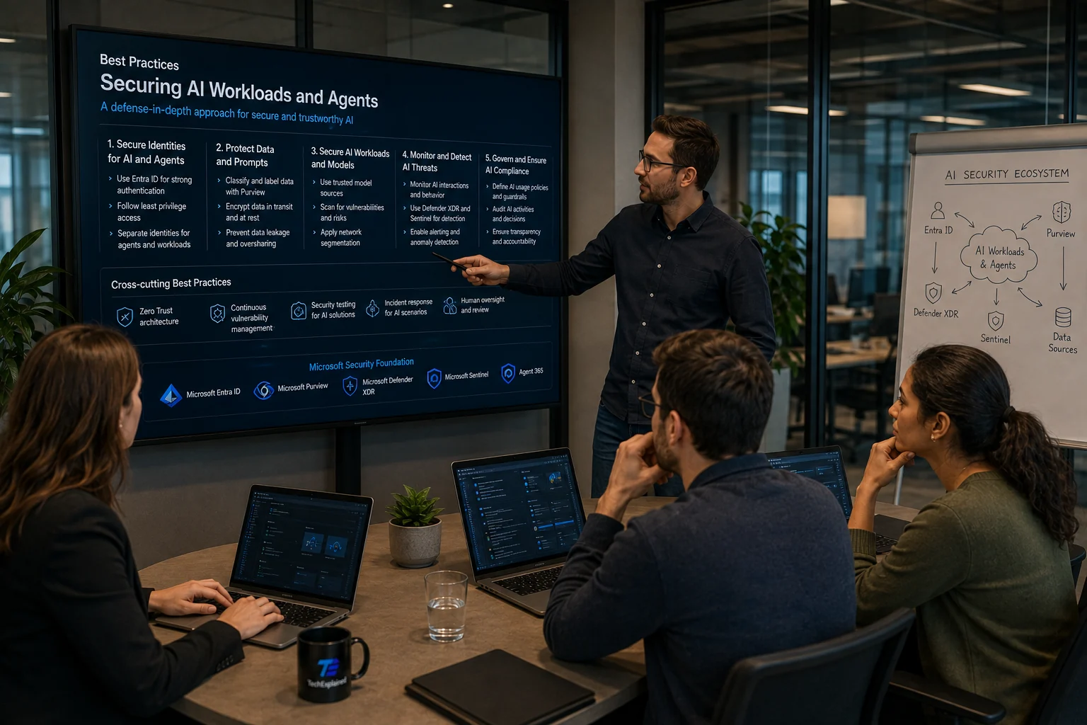 Architect pointing at a wall screen with best practices for securing AI workloads and agents: five columns from identity to compliance, a row of cross-cutting measures, and at the bottom the Microsoft security foundation with Entra ID, Purview, Defender XDR, Sentinel and Agent 365; on the right a flip chart showing the AI security ecosystem