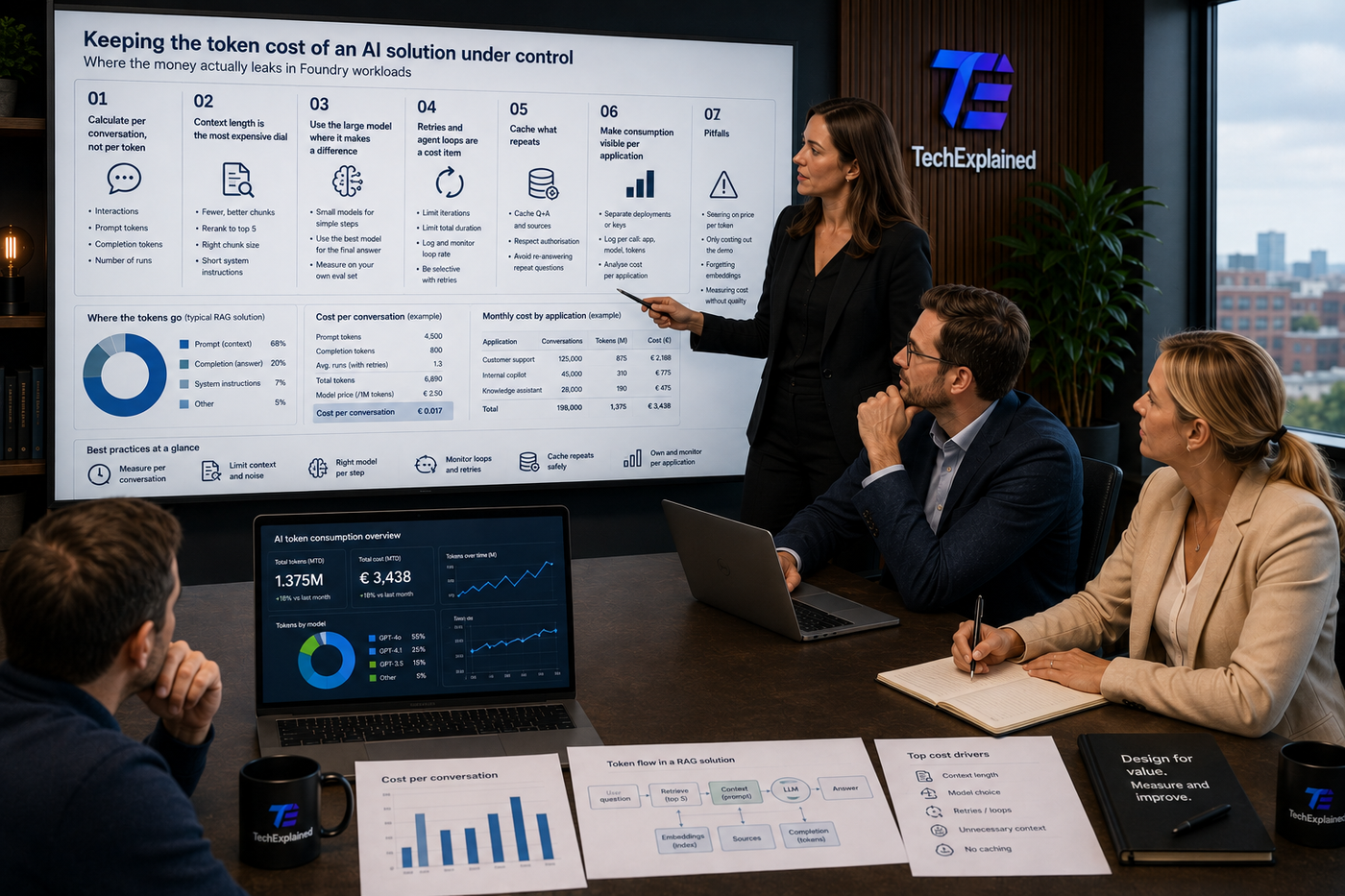 Architect presents token cost management for an AI solution to the team, with cost per conversation and per application on the screen