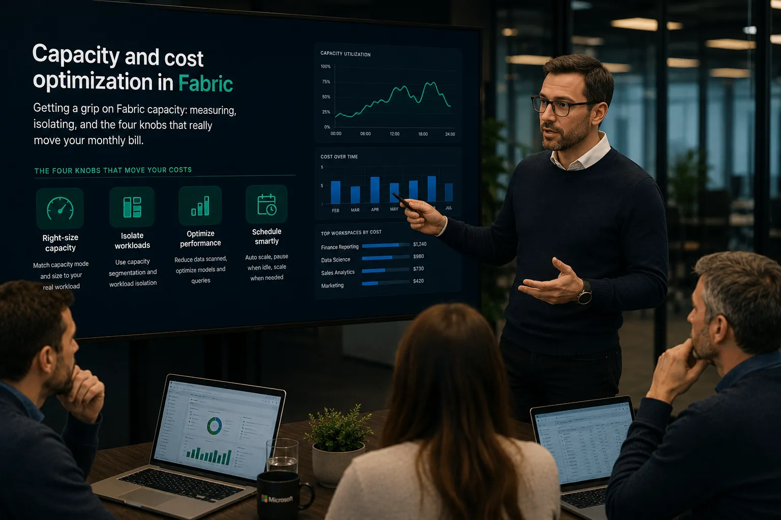 Architect walking a team through capacity and cost optimization in Microsoft Fabric on screen.