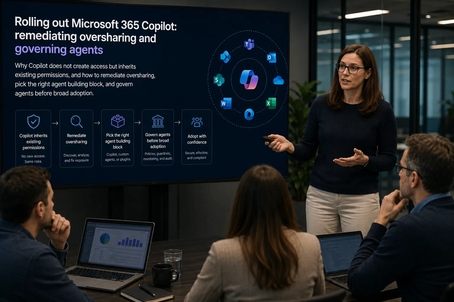 Architect walking a team through rolling out Microsoft 365 Copilot: remediating oversharing and governing agents, on screen.