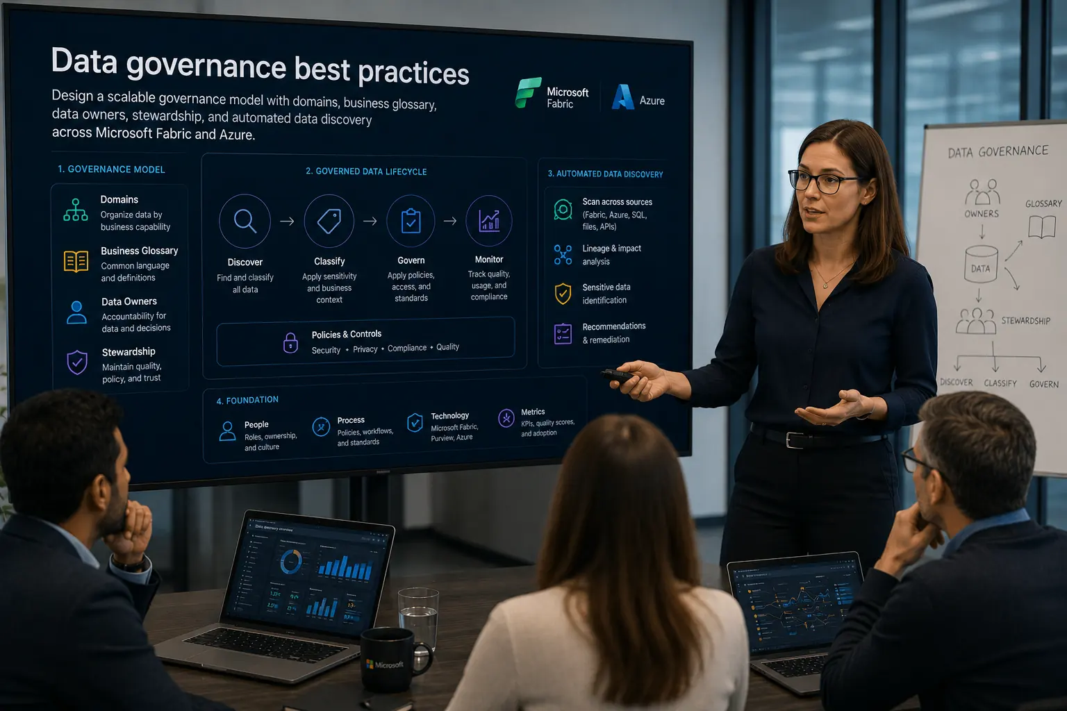 Architect walking a team through data governance best practices with domains, business glossary, data owners and stewardship across Microsoft Fabric and Azure, on screen.
