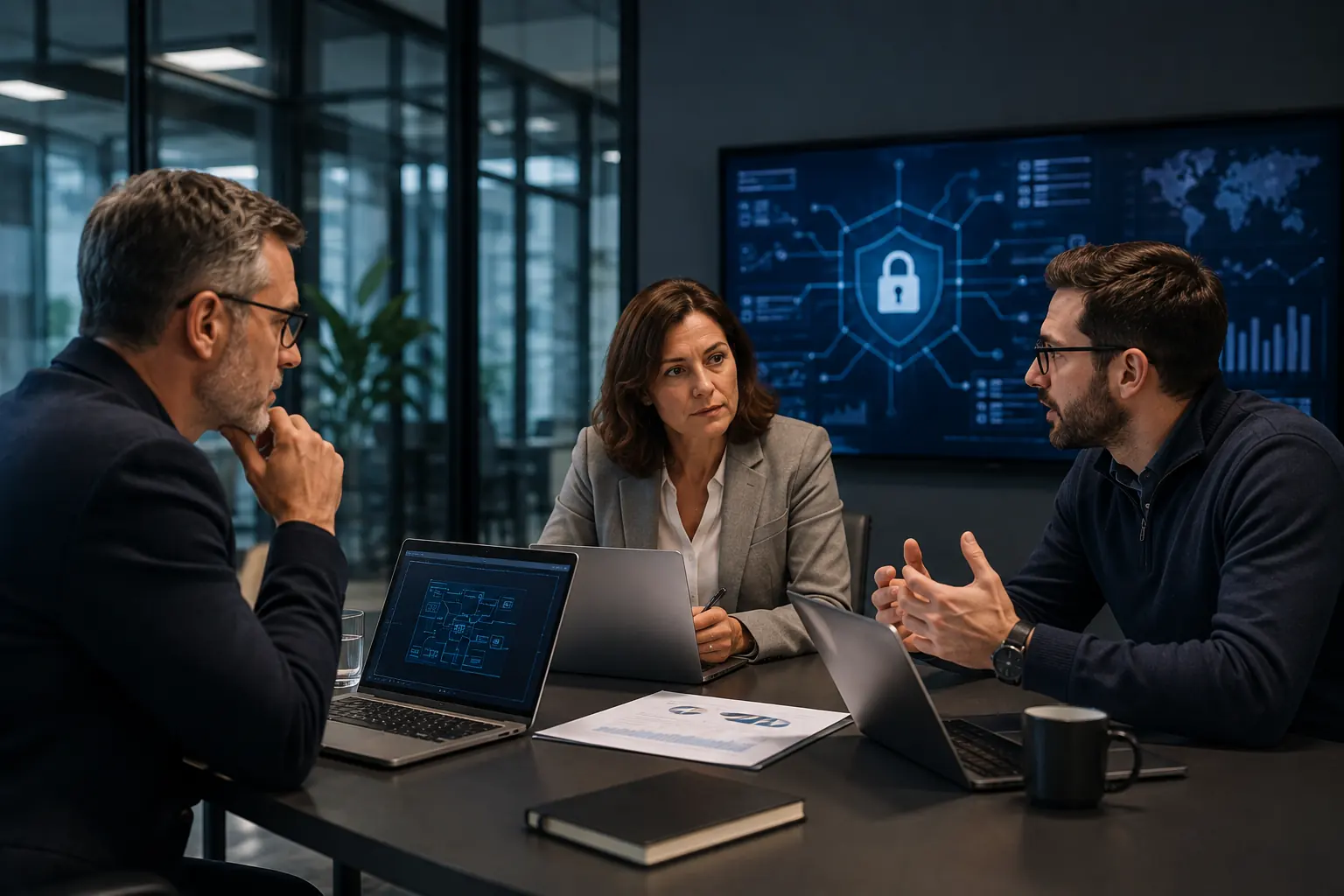 Three colleagues discussing data security and DLP policy, with a security diagram and padlock on the screen behind them.