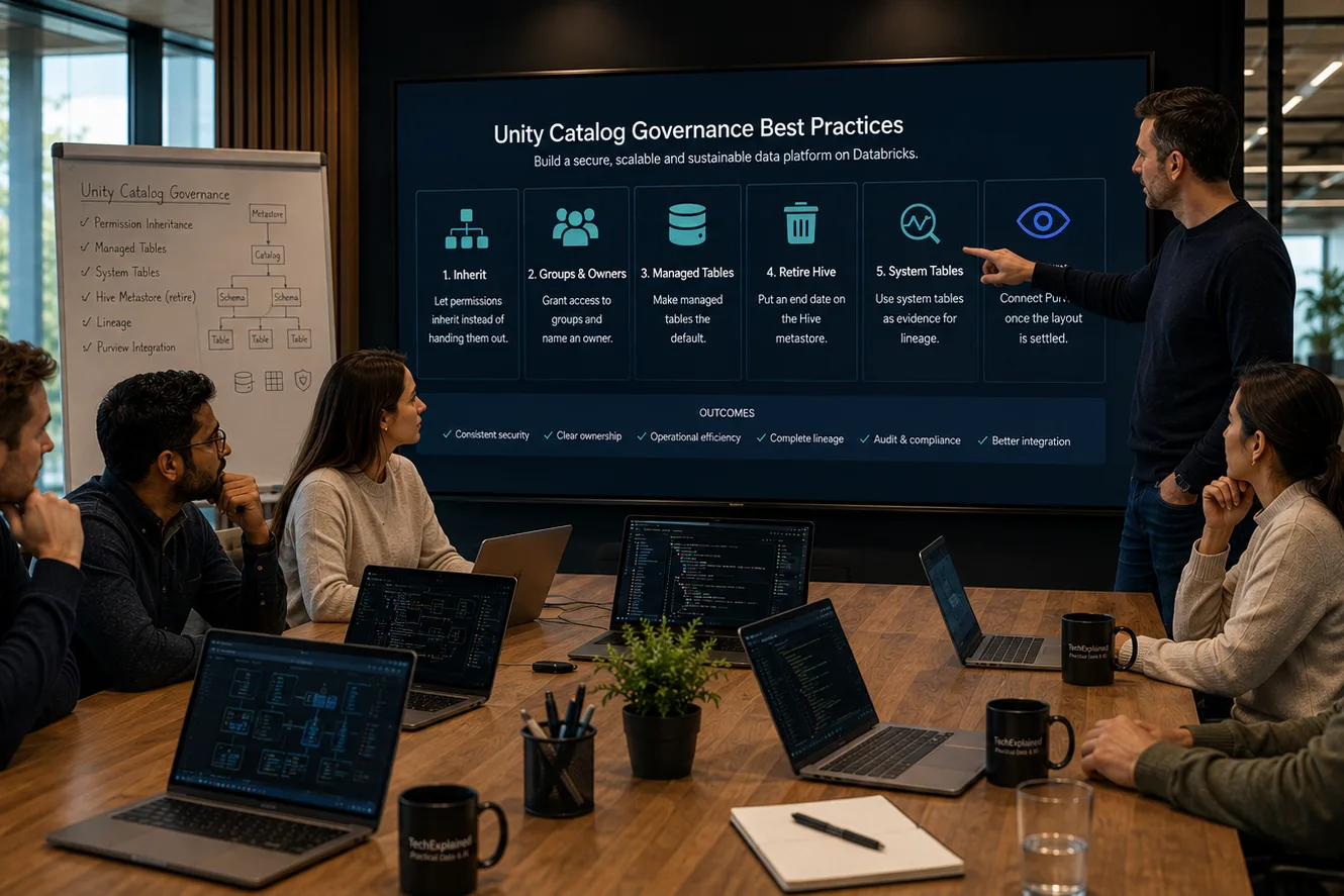 Session on Unity Catalog governance in a meeting room: the steps from inheritance and ownership through managed tables to system tables on screen, a hand-drawn catalog model on the flip chart