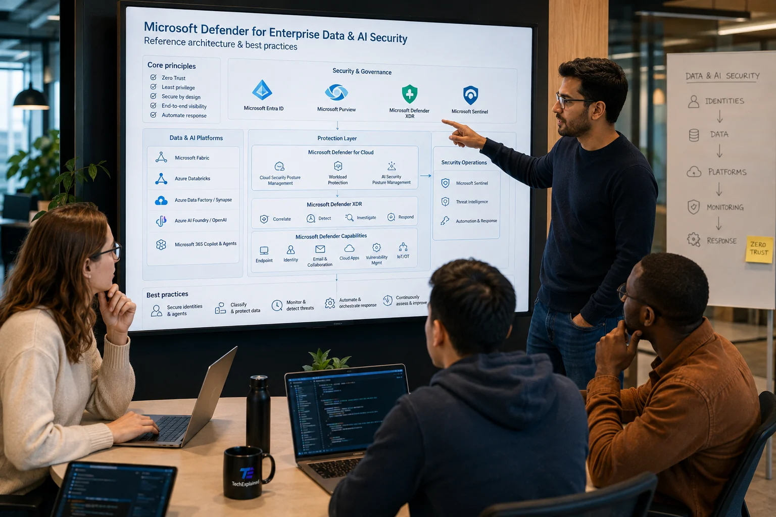 An architect points at a wall screen showing the Microsoft Defender reference architecture: core principles on the left, Entra, Purview, Defender XDR and Sentinel across the top, the protection layer in the middle and the best practices along the bottom; three colleagues follow along from the meeting table