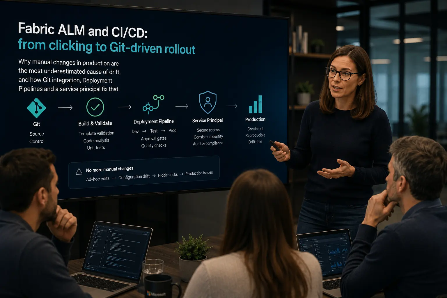 Architect walking a team through Fabric ALM and CI/CD, from clicking to Git-driven rollout, on screen.