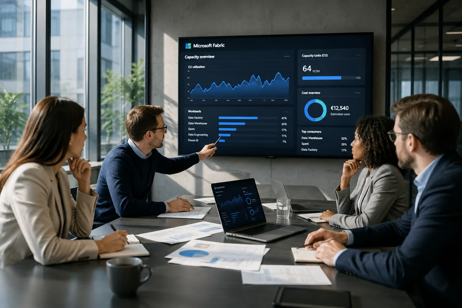Partner team reviewing a Fabric capacity dashboard showing CU utilization, a per-workload breakdown and estimated cost.