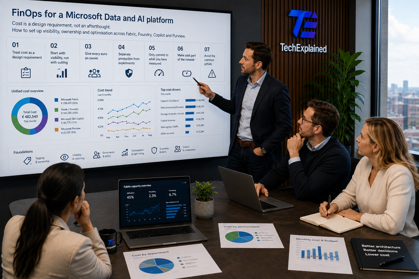 Architect presents FinOps for a Microsoft Data and AI platform to the team, with cost overview per product and cost trend on the screen