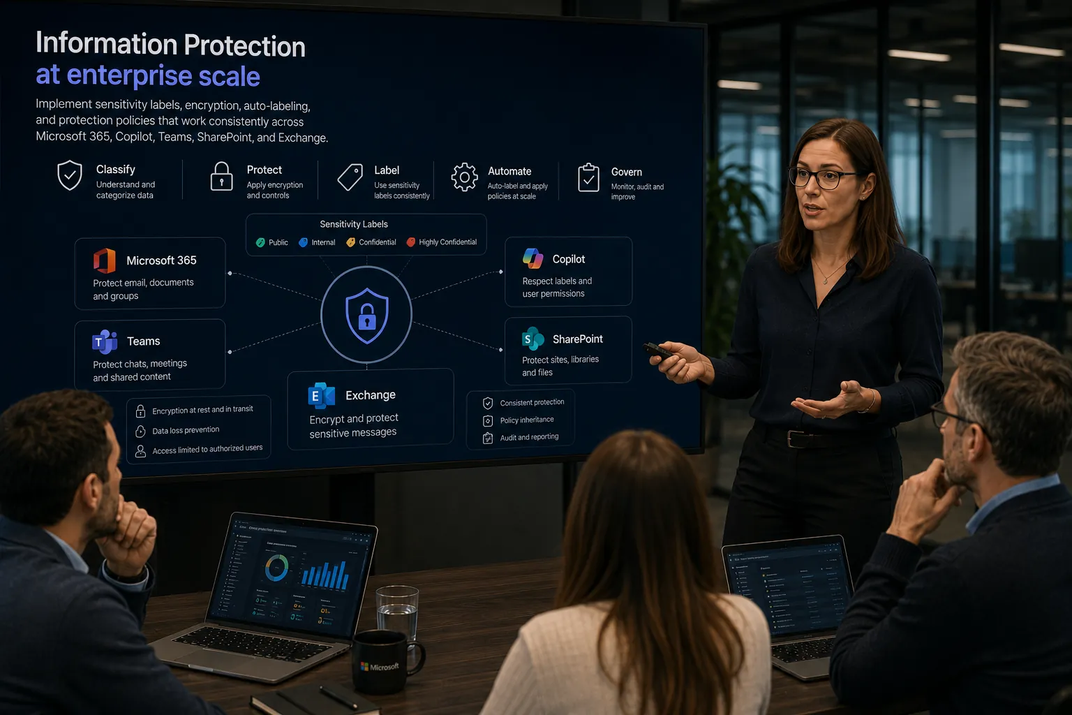 Architect walking a team through information protection at enterprise scale with sensitivity labels, encryption and protection policies across Microsoft 365, Copilot, Teams, SharePoint and Exchange, on screen.