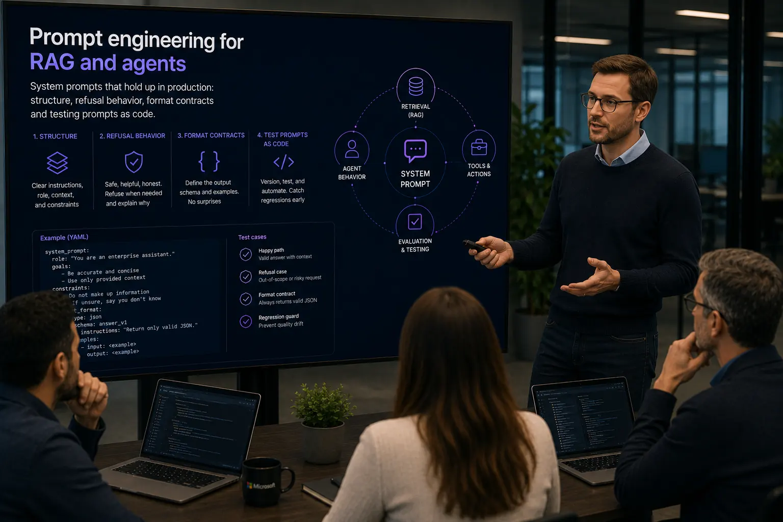 Architect walking a team through prompt engineering for RAG and agents: structure, refusal behavior, format contracts and testing prompts as code, on screen.