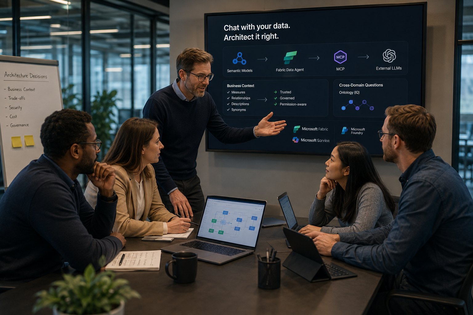 Architecture team discussing chat with your data on a screen that shows the path from semantic models to a Fabric Data Agent to MCP and external LLMs, with business context and a cross-domain ontology