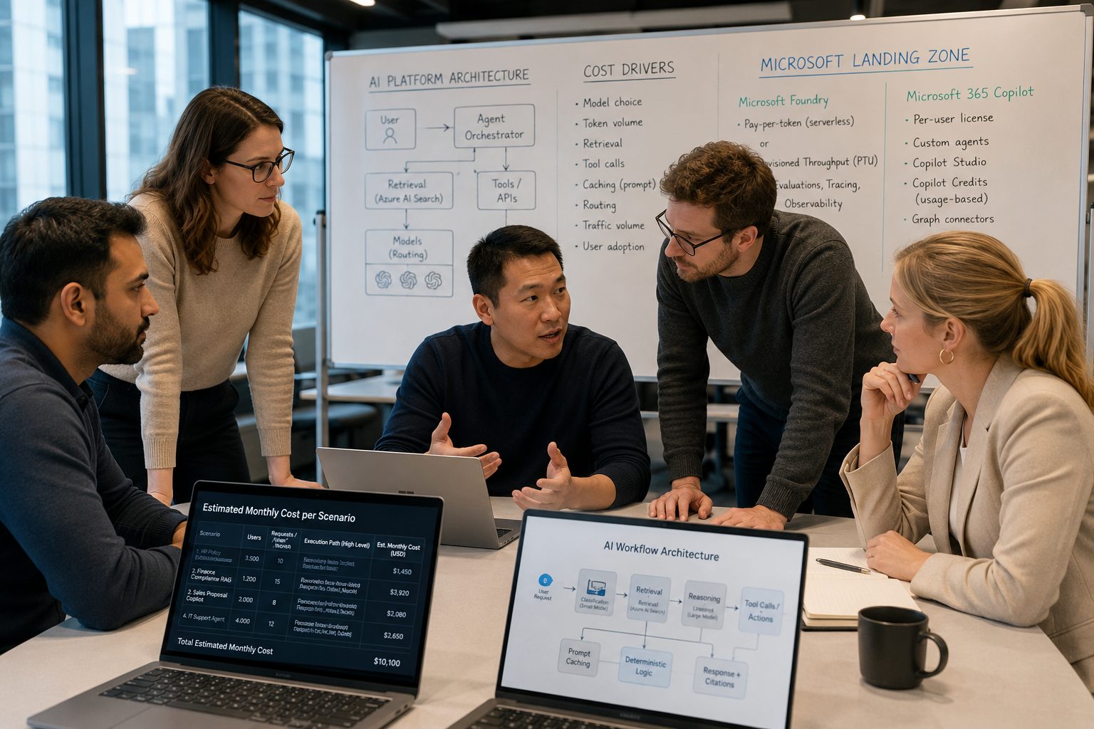 Architecture team discussing AI cost estimation at a whiteboard showing AI Platform Architecture, cost drivers and a Microsoft landing zone, with estimated monthly cost per scenario on screen