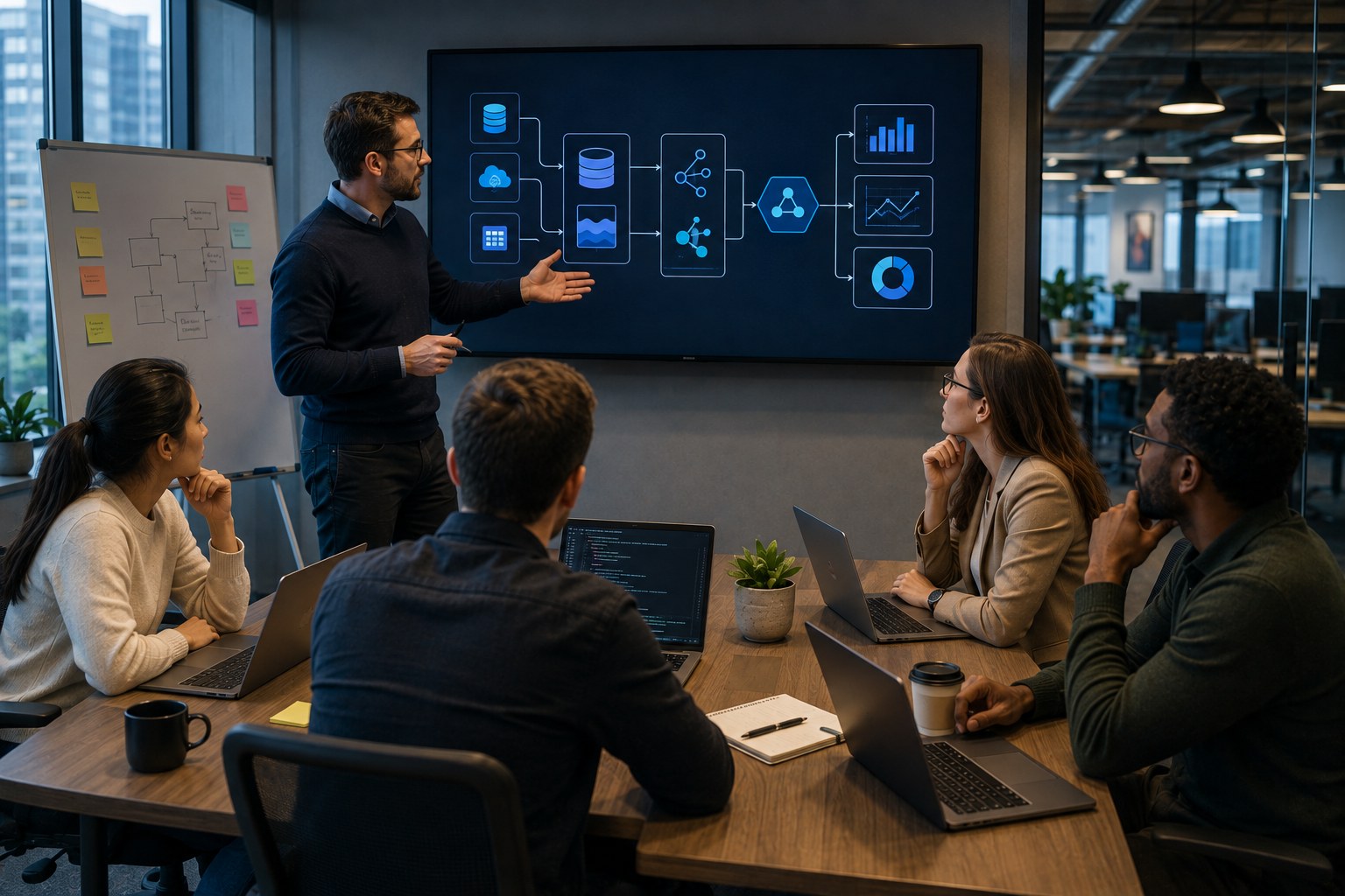 Architect discusses an Azure Databricks architecture with a team on a large screen in a meeting room