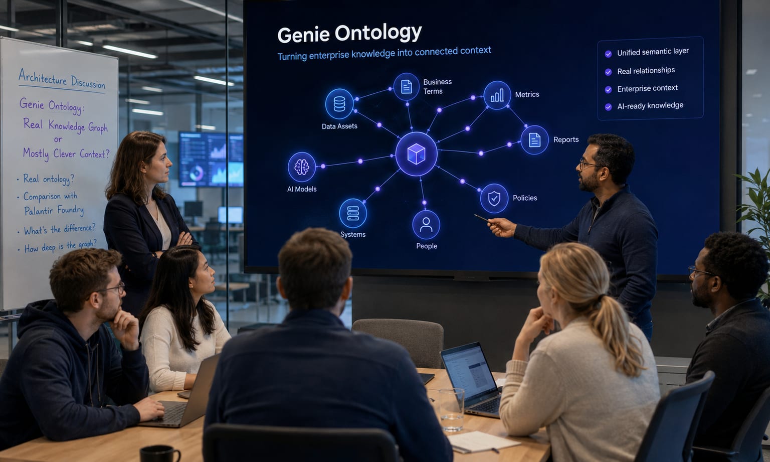 An architecture team discusses Genie Ontology on a large screen, with data assets, business terms, metrics, reports, policies, systems, people and AI models converging as context around a central node