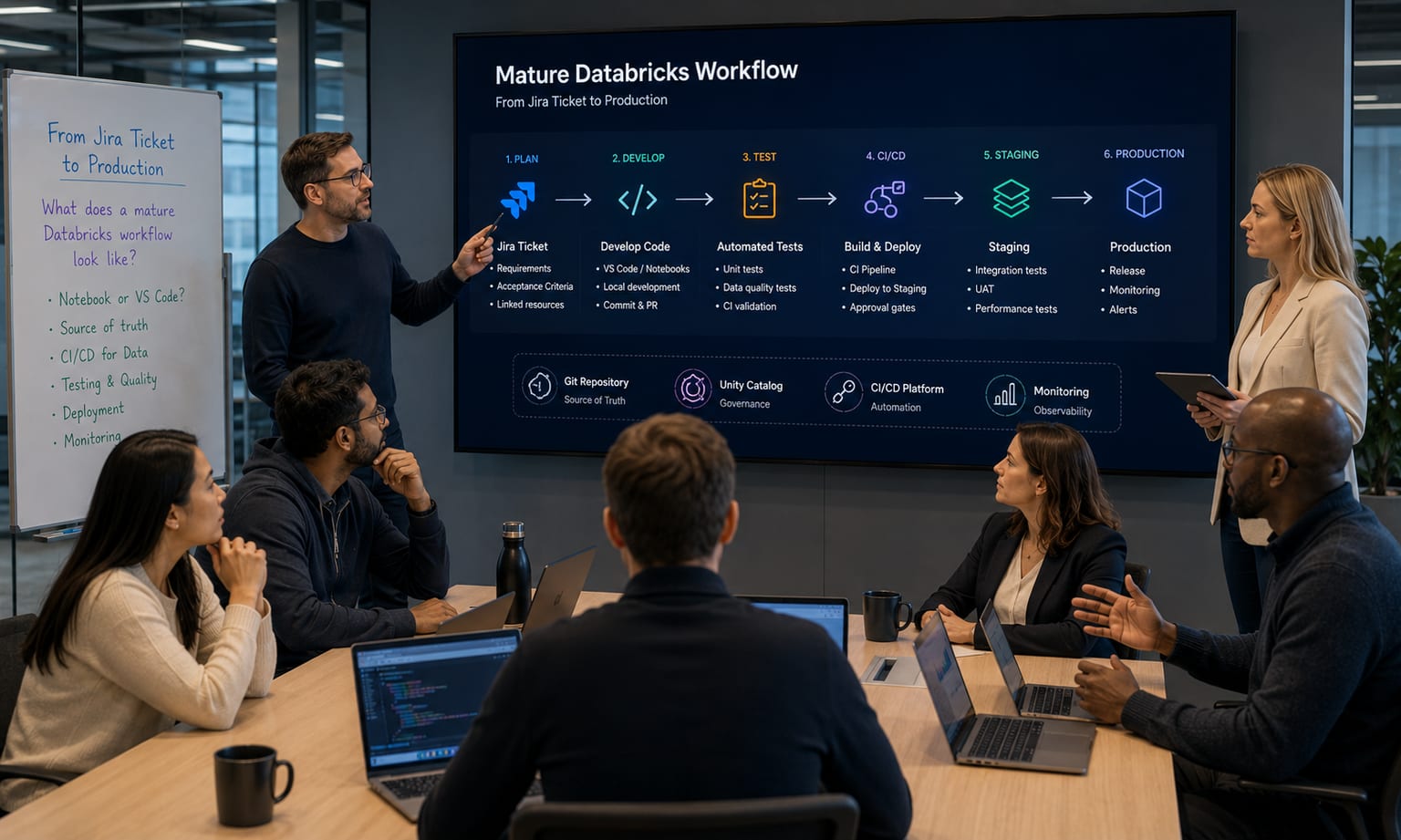 An architecture team discusses a mature Databricks workflow on a large screen, showing the six steps from Jira ticket through development, testing, CI/CD and staging to production