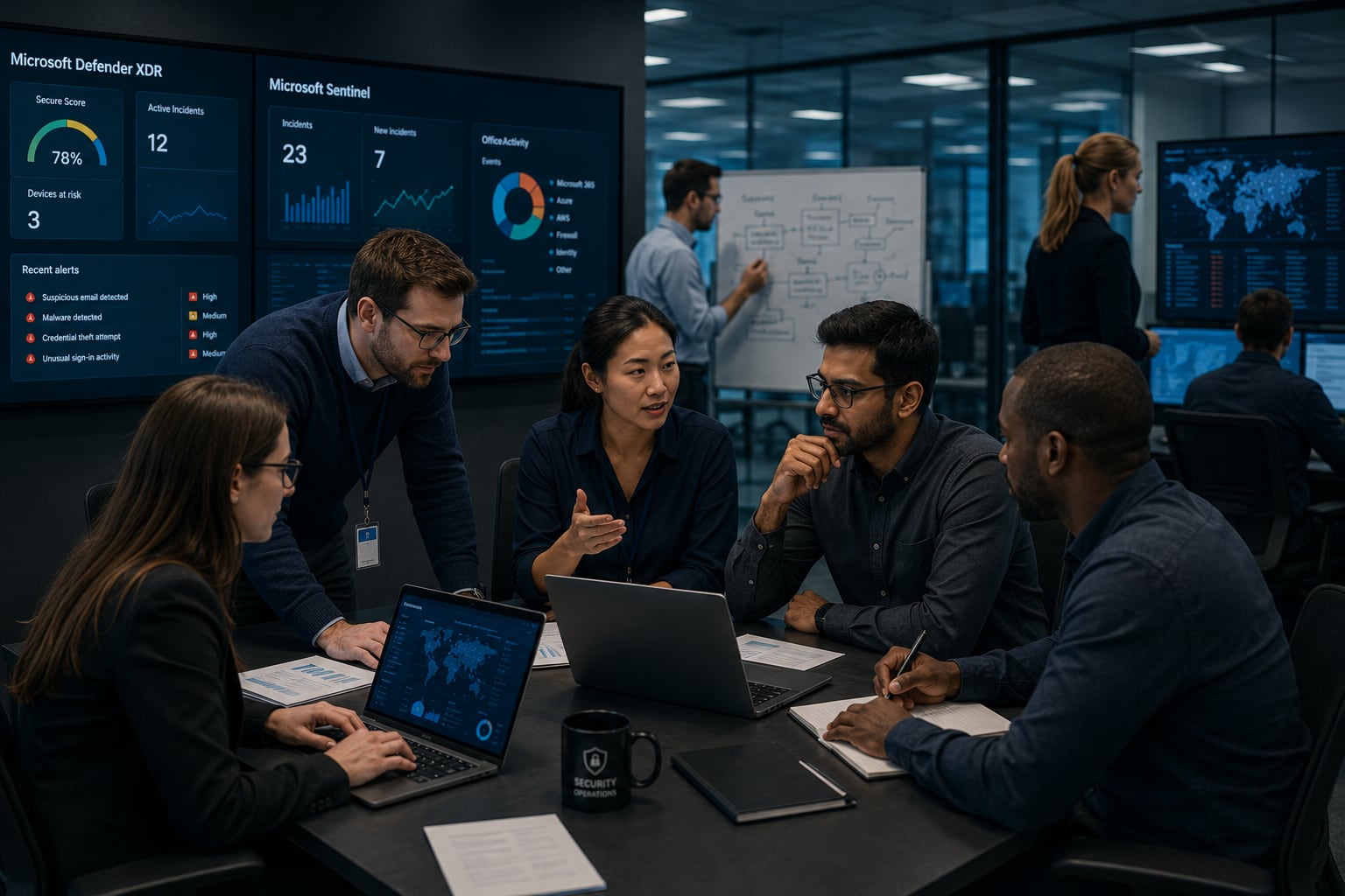Security team discusses Microsoft Defender XDR and Microsoft Sentinel dashboards side by side on a large screen