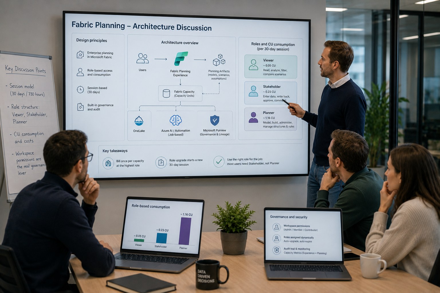 Architecture team discusses the Fabric Planning session model, role structure and CU consumption on a large screen