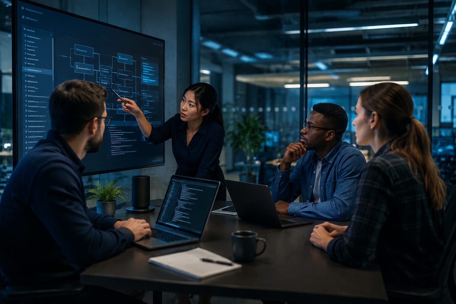 An architecture team reviews a capacity inventory of Microsoft Fabric workspaces on a large screen in a meeting room