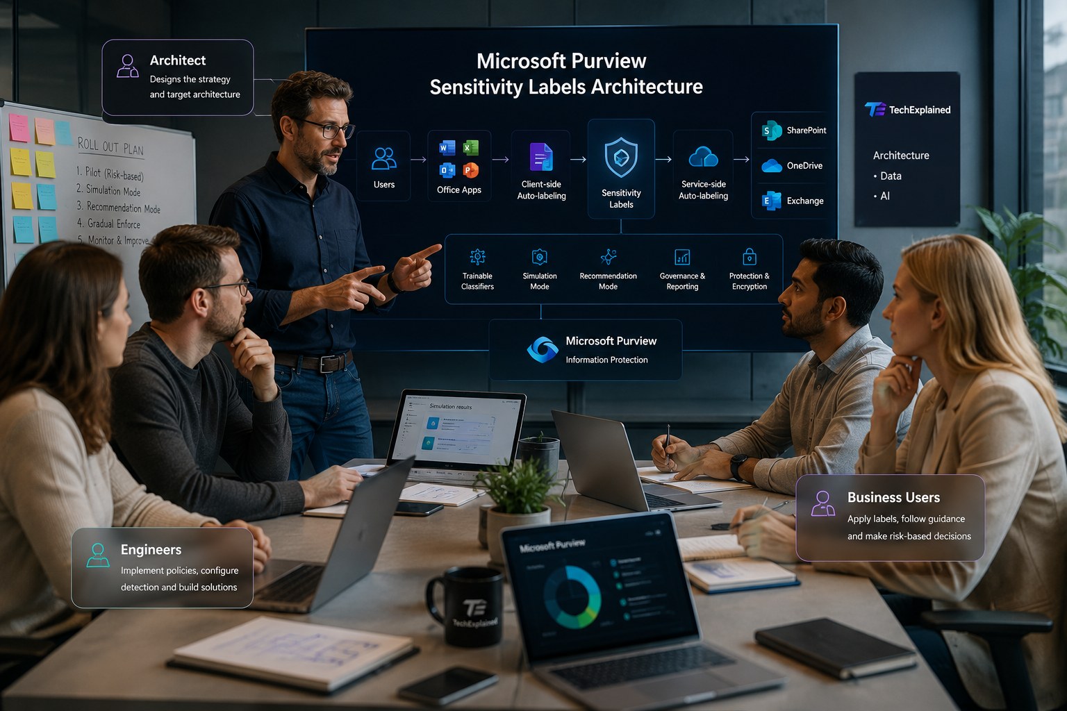 Architect discusses the Microsoft Purview sensitivity labels architecture with the team on a large screen