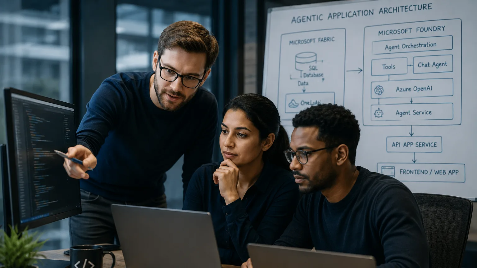 Three colleagues at a monitor with code; on the whiteboard behind them the architecture from Microsoft Fabric to Microsoft Foundry and on to the API and the web application