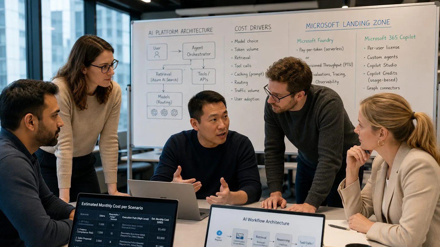 Architecture team working through an agent cost estimate, with cost drivers and an estimated monthly cost per scenario on screen.