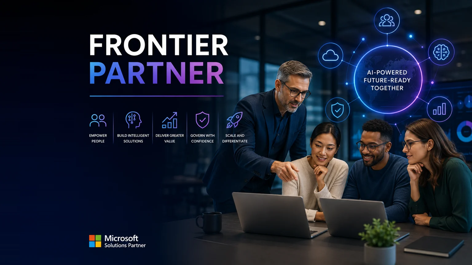 A partner team working together on an AI solution, with icons for people, intelligence, growth, trust and scale.