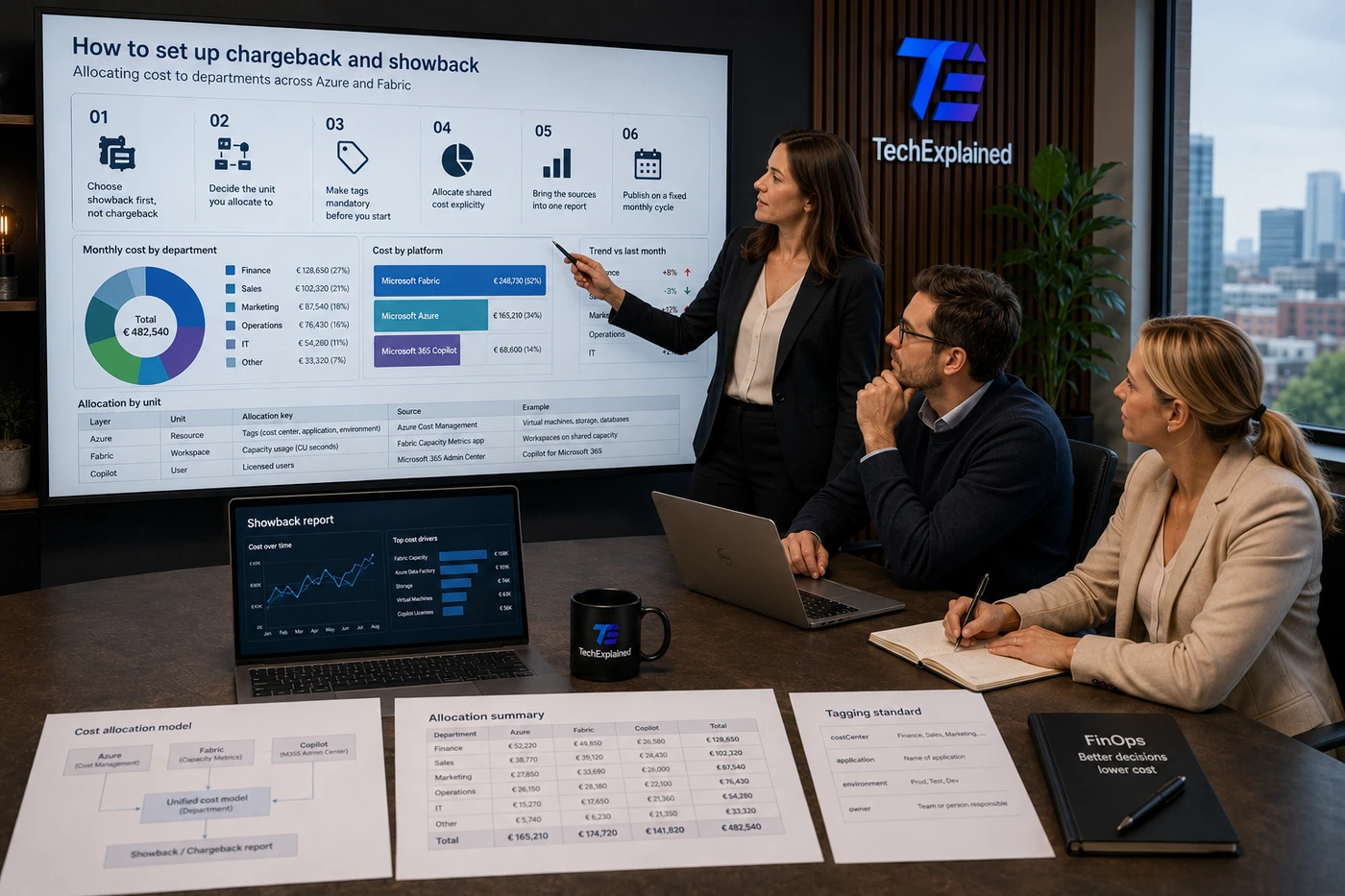 Architect presents chargeback and showback reporting to the team, with cost per department and per platform on the screen
