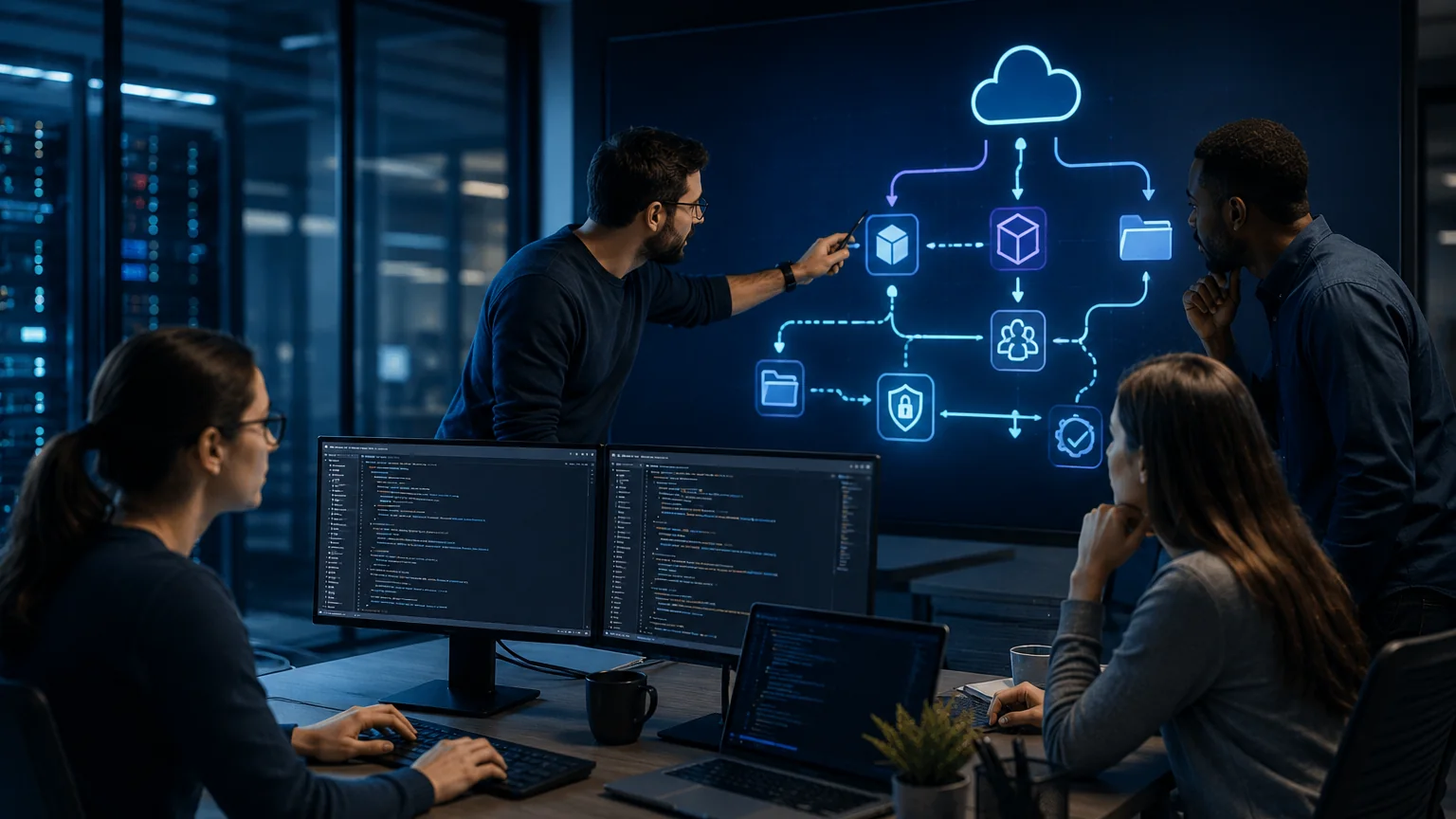 Four colleagues at a wall screen showing a cloud architecture, with two code screens on the table in front of them