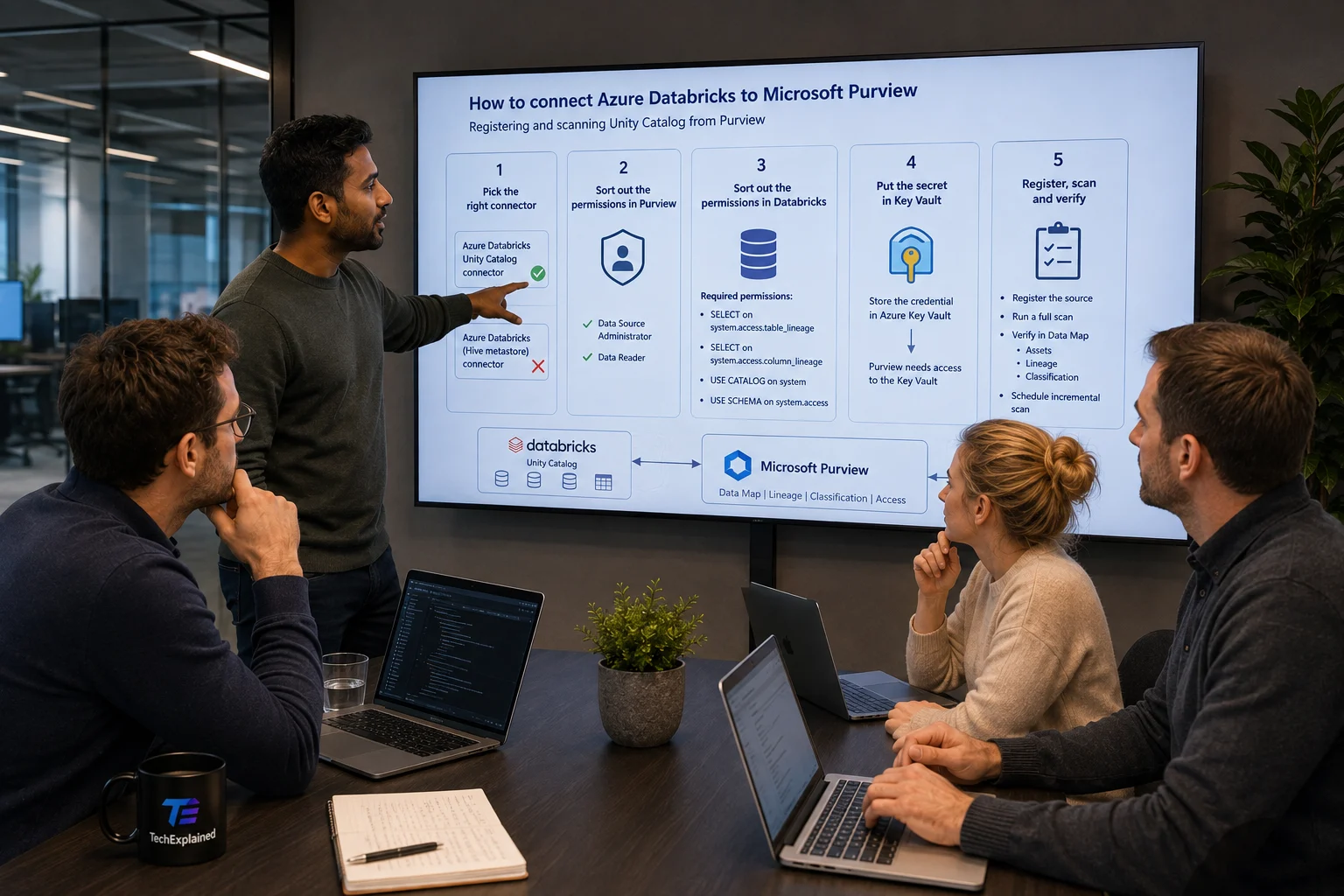 Architect walking a team through the five steps to connect Azure Databricks to Microsoft Purview, with the connector choice, the system table permissions and Key Vault on screen