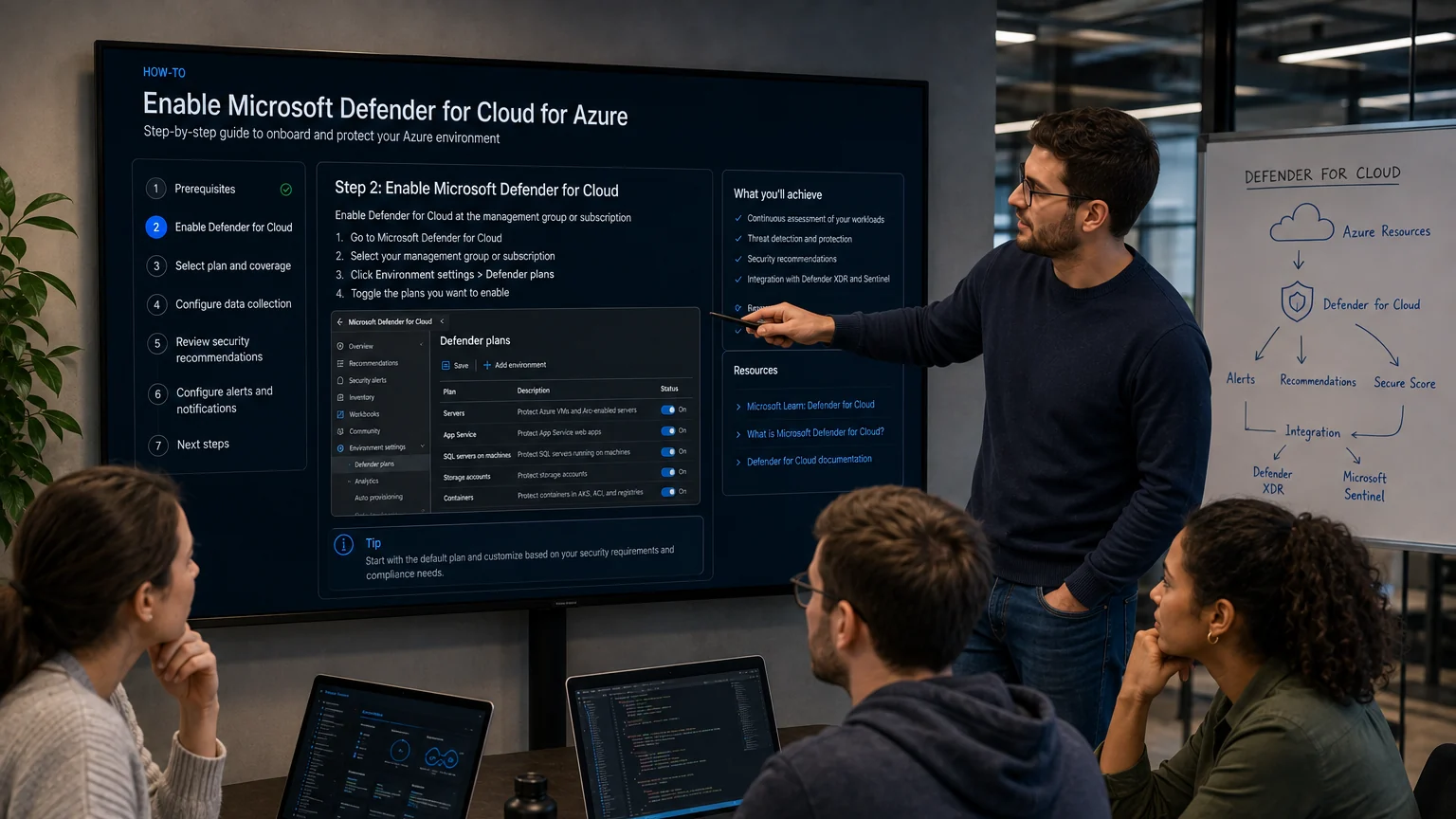 Four colleagues at a wall screen showing the steps to enable Microsoft Defender for Cloud, next to a flip chart with the architecture from Defender for Cloud to Defender XDR and Microsoft Sentinel