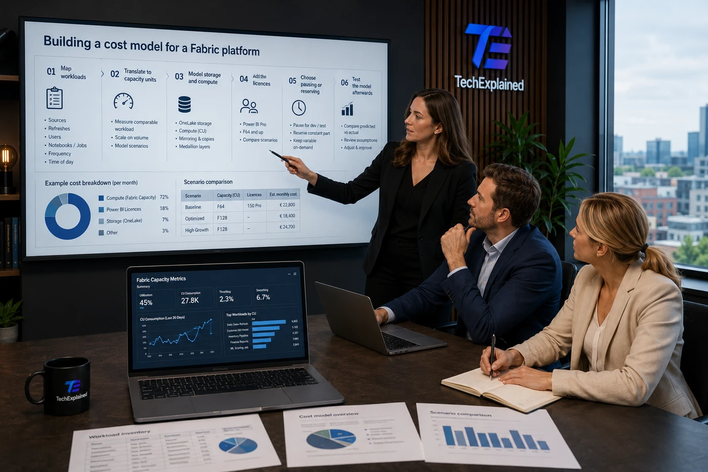 Architect presents a cost model for a Fabric platform to the team, with workloads, capacity units and scenario comparison on the screen