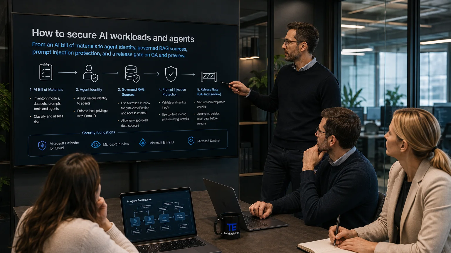 Four colleagues in a meeting room; the wall screen shows the five steps from AI bill of materials to release gate, with a strip of Microsoft security services beneath them