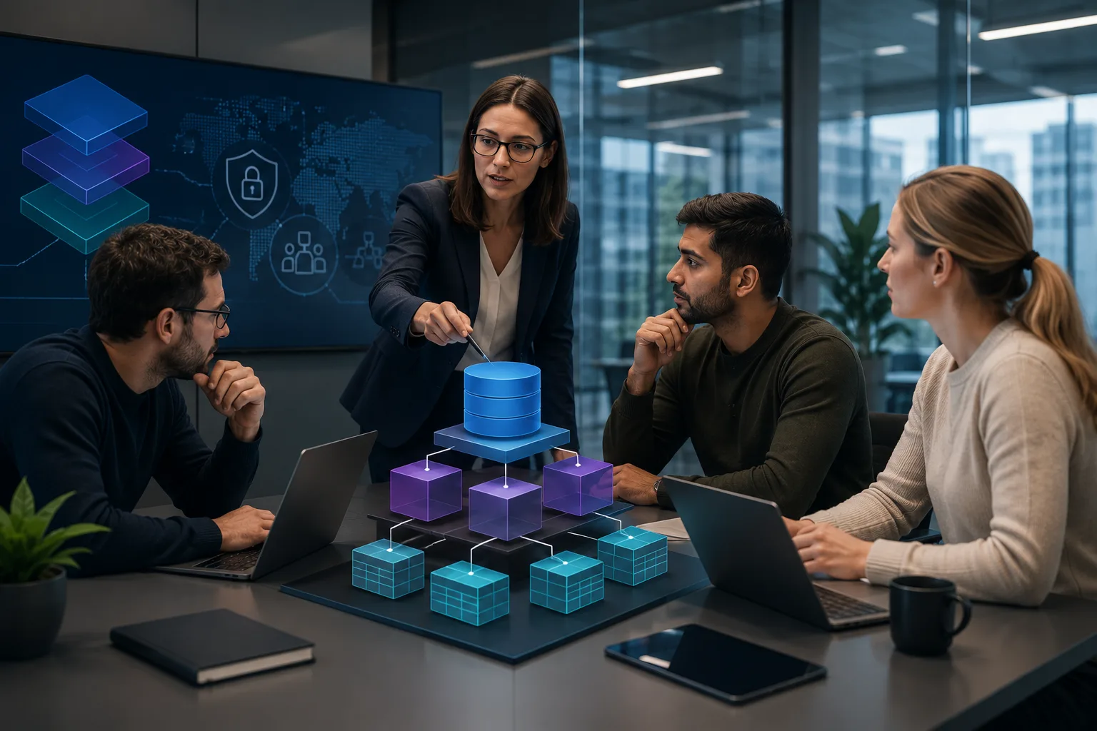 Architect walks a team through the shape of Unity Catalog: the metastore on top, catalogs below it and schemas with tables underneath