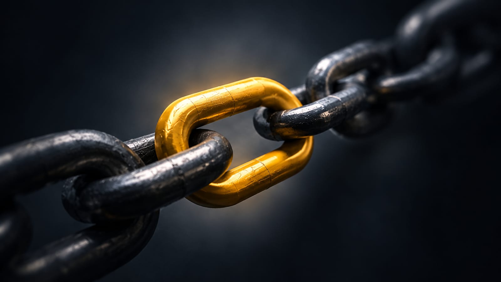 A single gold link between dark steel links in a chain
