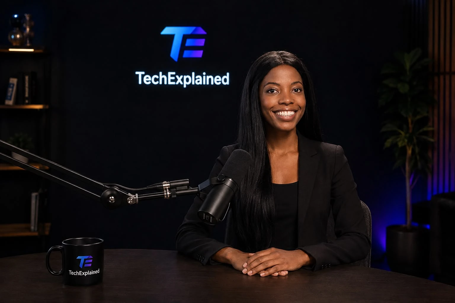 Linda behind the microphone in the TechExplained studio, with the TechExplained logo on the back wall