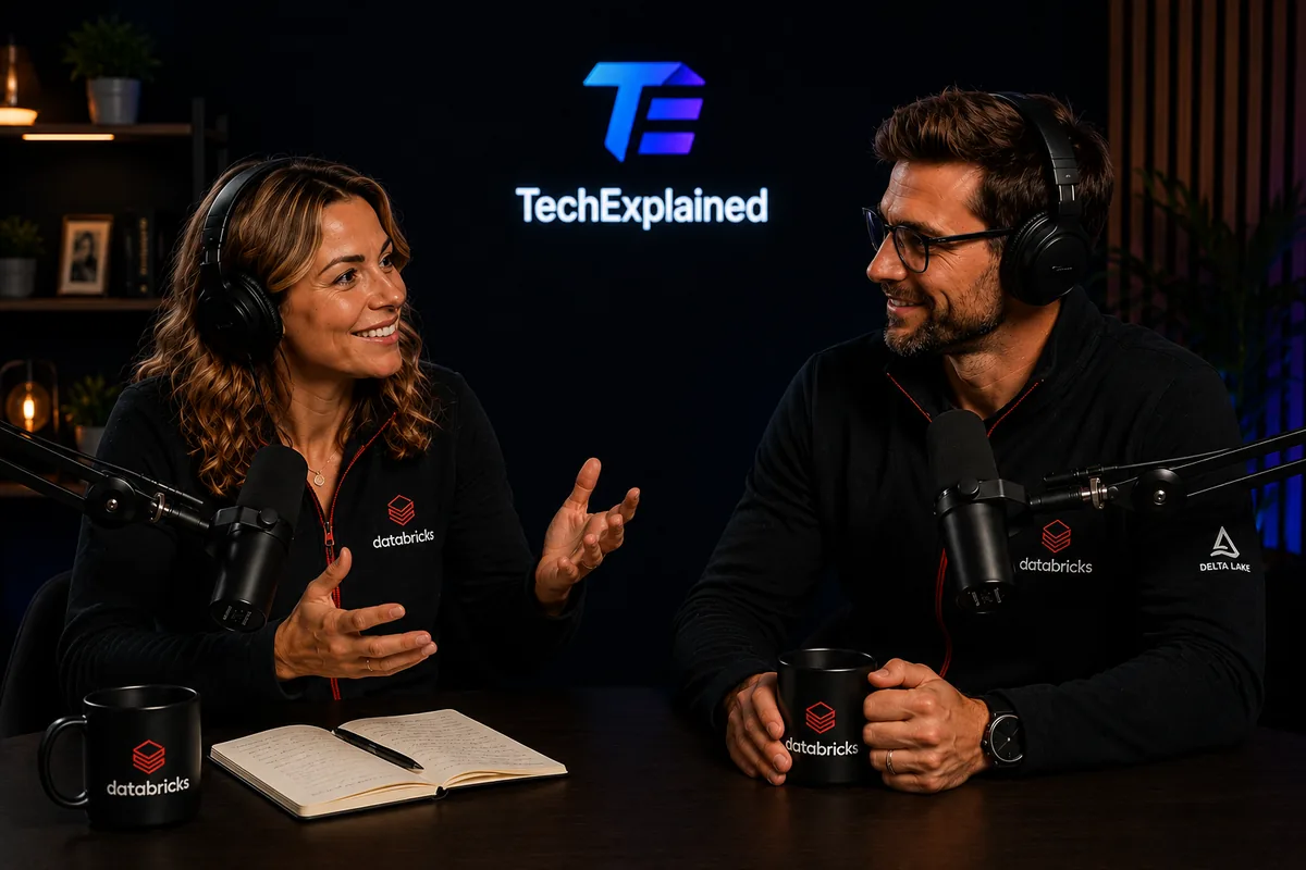 Laura and Mark wearing headphones in the TechExplained studio, in Databricks clothing and with Databricks mugs on the table