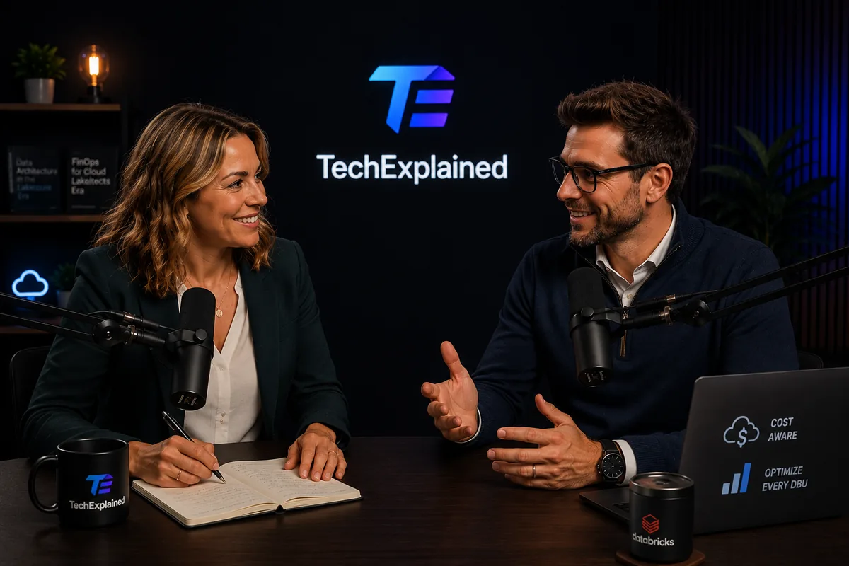 Laura and Mark behind the microphones in the TechExplained studio, with books on FinOps and data architecture and a laptop showing a cost dashboard