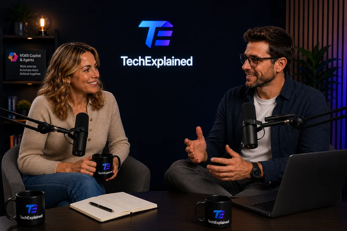 Laura and Mark behind the microphones in the TechExplained studio, with a board about Microsoft 365 Copilot and agents in the background and a laptop on the table