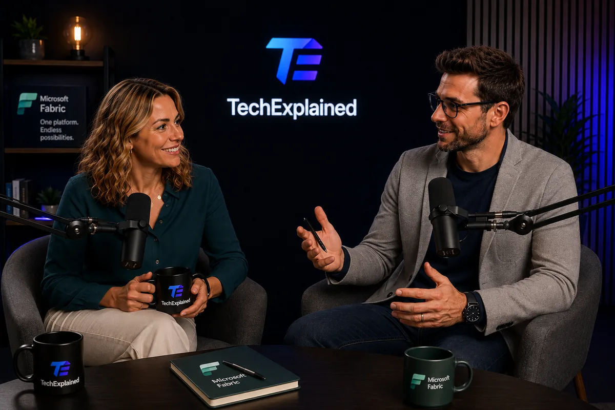 Laura and Mark behind the microphones in the TechExplained studio, with a Microsoft Fabric board in the background and Fabric mugs on the table