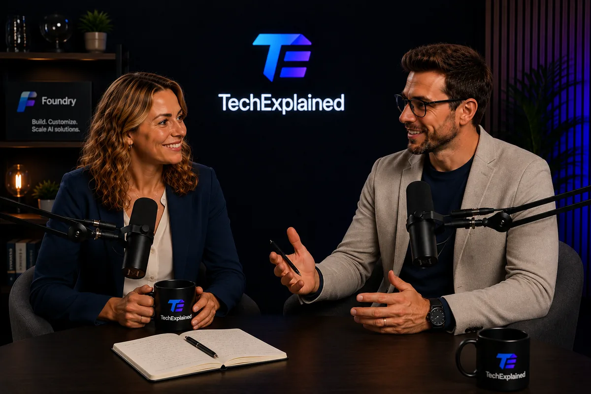 Laura and Mark behind the microphones in the TechExplained studio, with a Microsoft Foundry board in the background