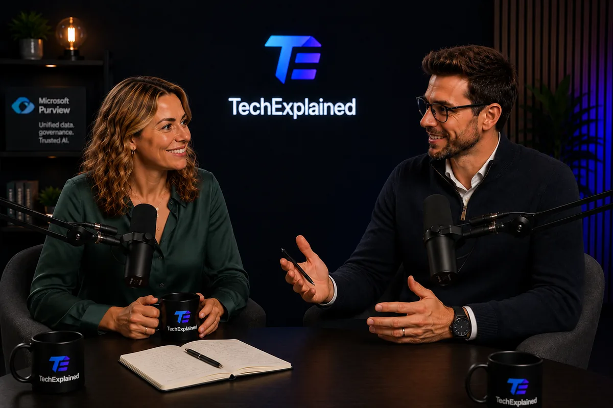 Laura and Mark behind the microphones in the TechExplained studio, with a Microsoft Purview board in the background