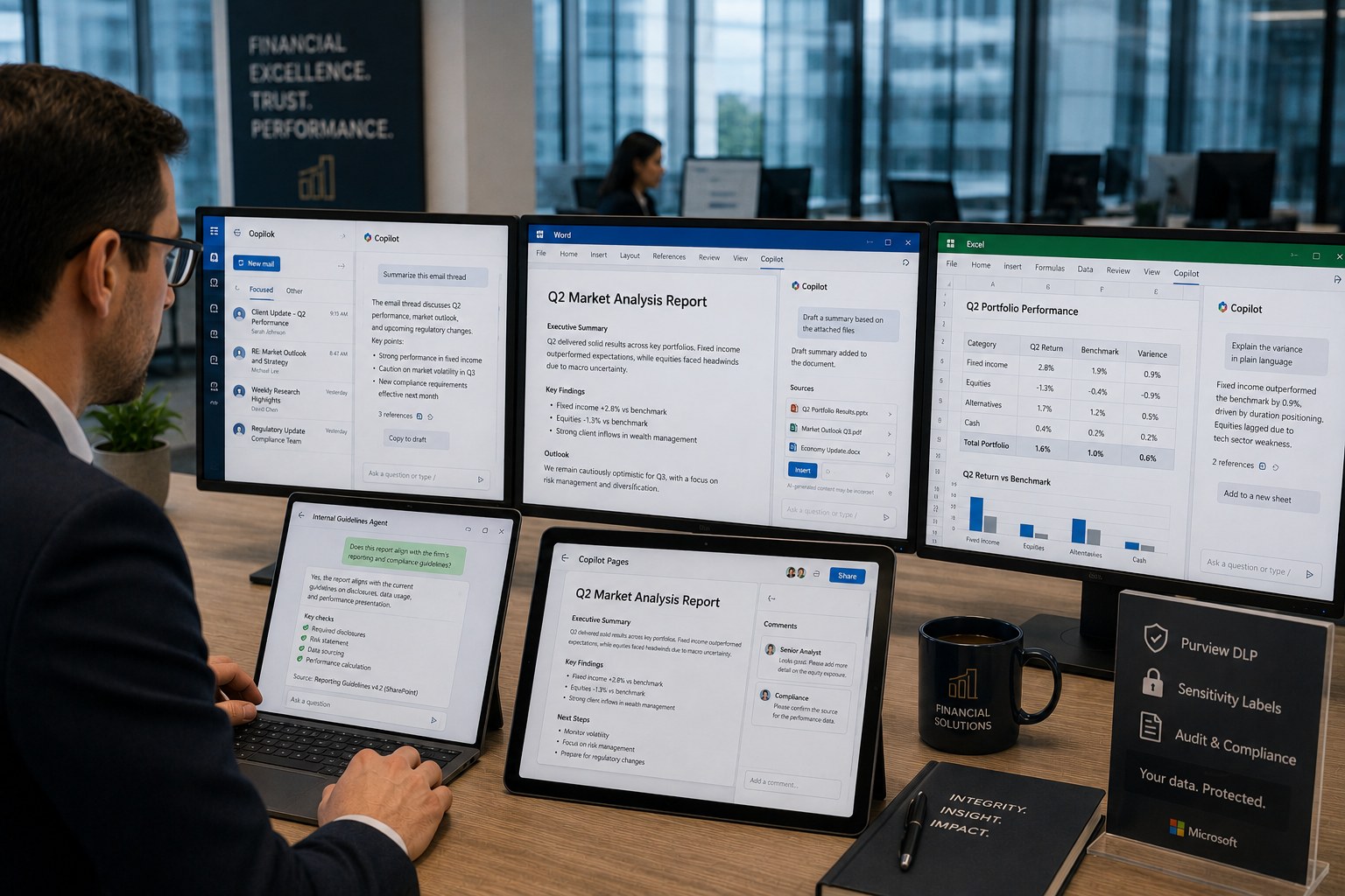 Analist gebruikt Copilot in Outlook, Word en Excel en Copilot Pages voor review, met Purview DLP en sensitivity labels