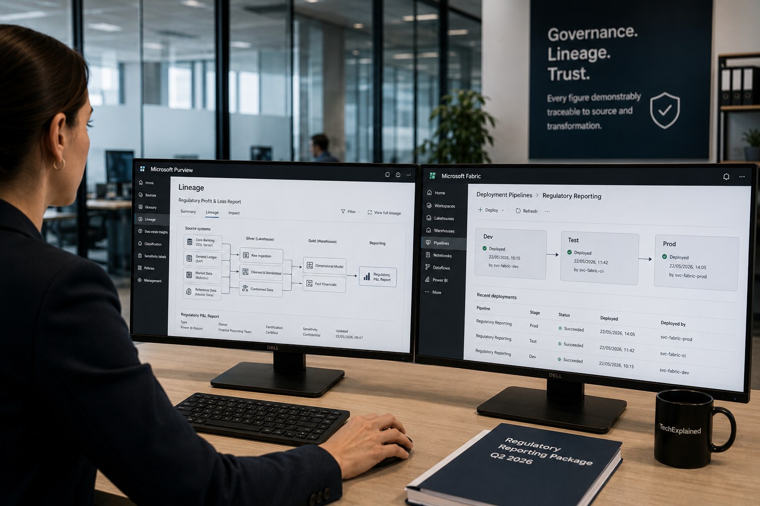 Analist bekijkt Purview-lineage en Fabric-deploymentpipelines voor toezichtrapportage