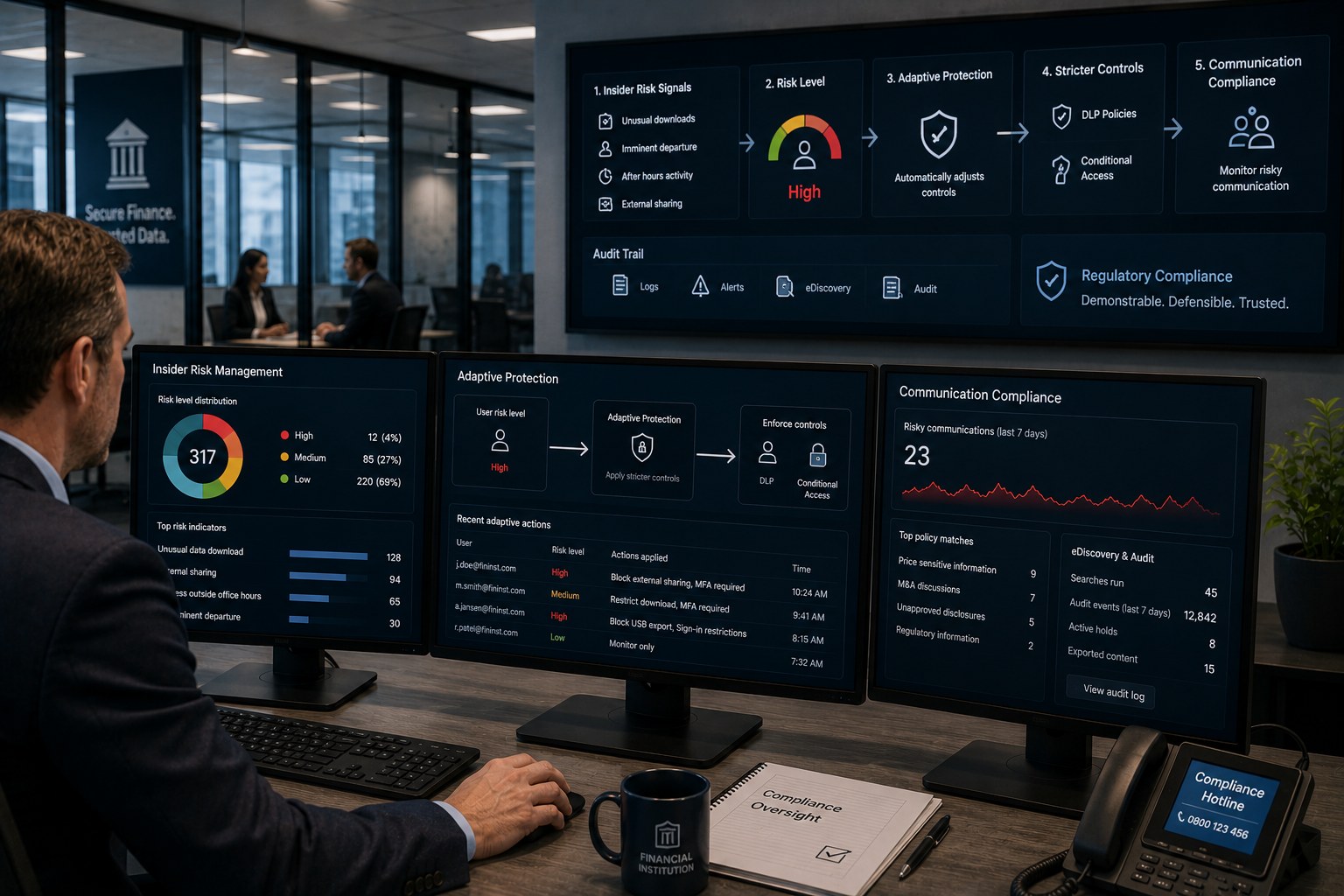 Compliance-medewerker bekijkt Insider Risk Management, Adaptive Protection en Communication Compliance in Microsoft Purview