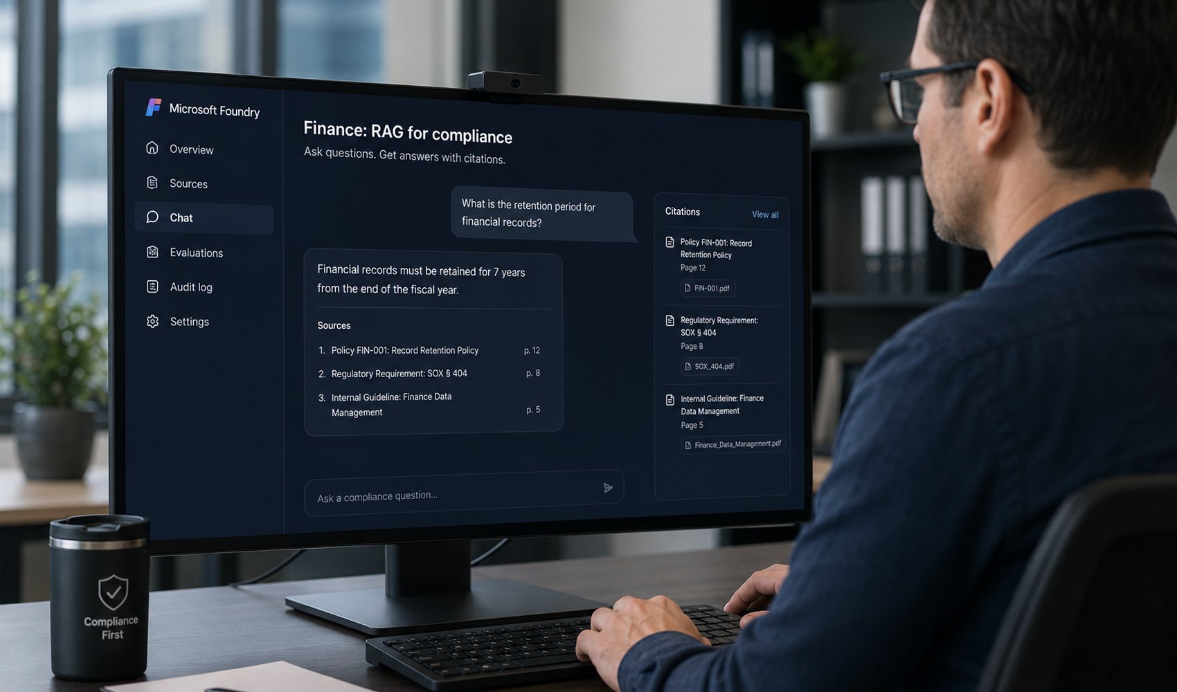 Compliance-medewerker stelt vragen aan een RAG-assistent met bronvermelding in Microsoft Foundry