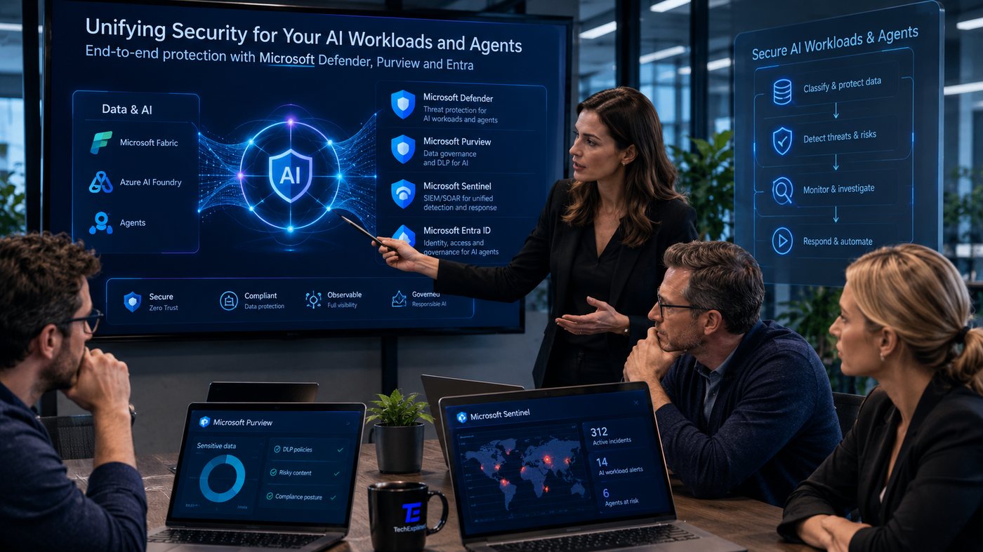 Architect points at a wall screen showing the security architecture for AI workloads: the Data & AI layer with Fabric, Foundry and agents on the left, Microsoft Defender, Purview, Sentinel and Entra ID on the right; on the meeting table a laptop with a Purview overview and a laptop with a Sentinel dashboard full of active incidents, watched by three colleagues