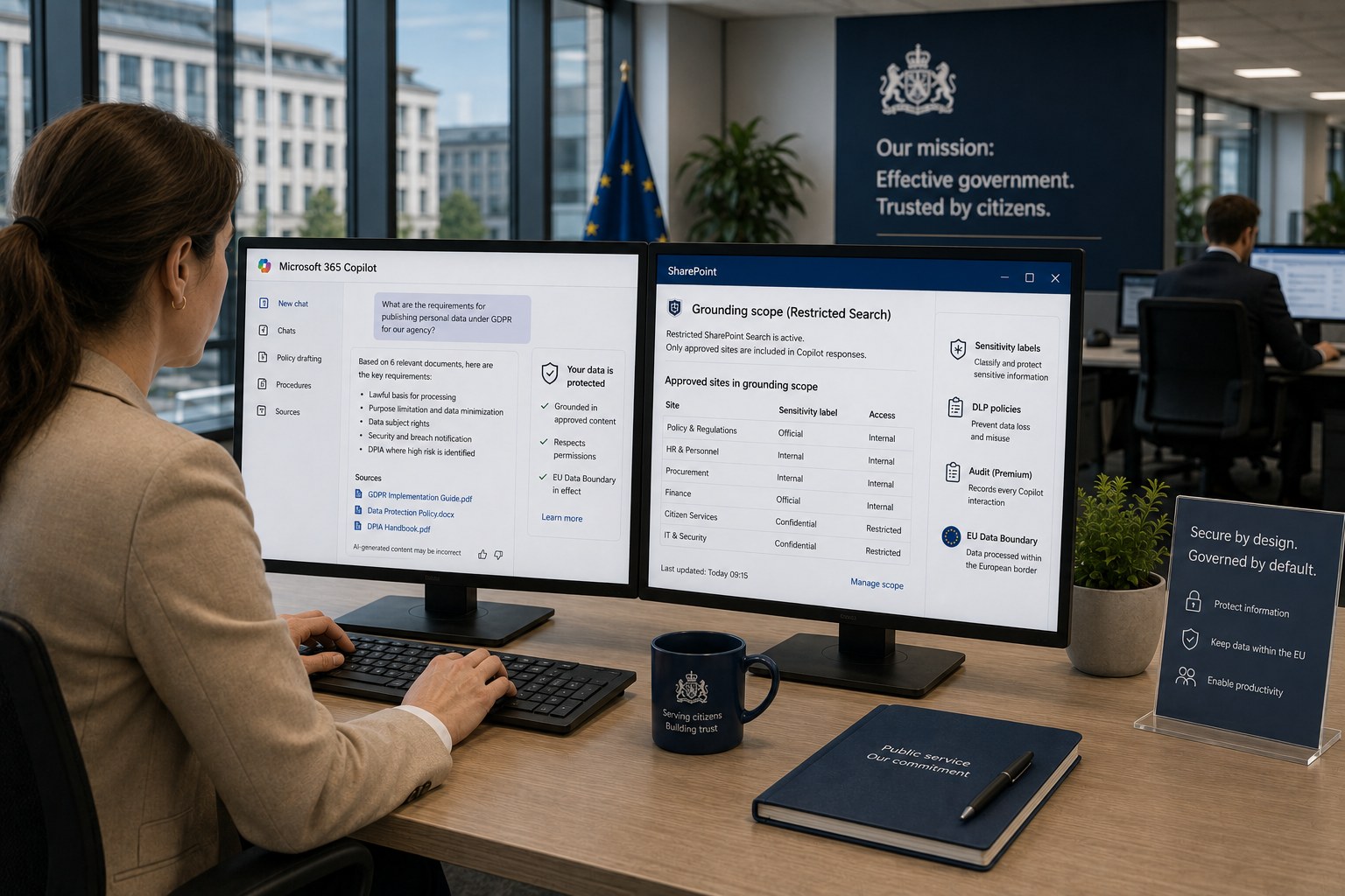 Beleidsmedewerker gebruikt Microsoft 365 Copilot binnen een afgebakende grounding-scope, met Restricted SharePoint Search en EU Data Boundary