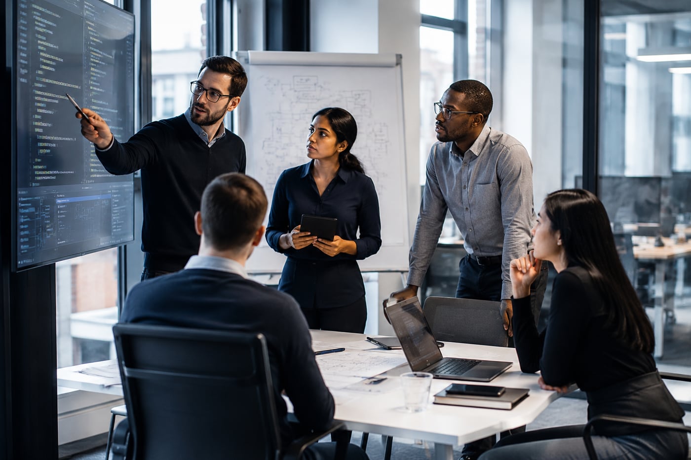Platform team discussing notebook code on a presentation screen, with an architecture sketch on the whiteboard behind them