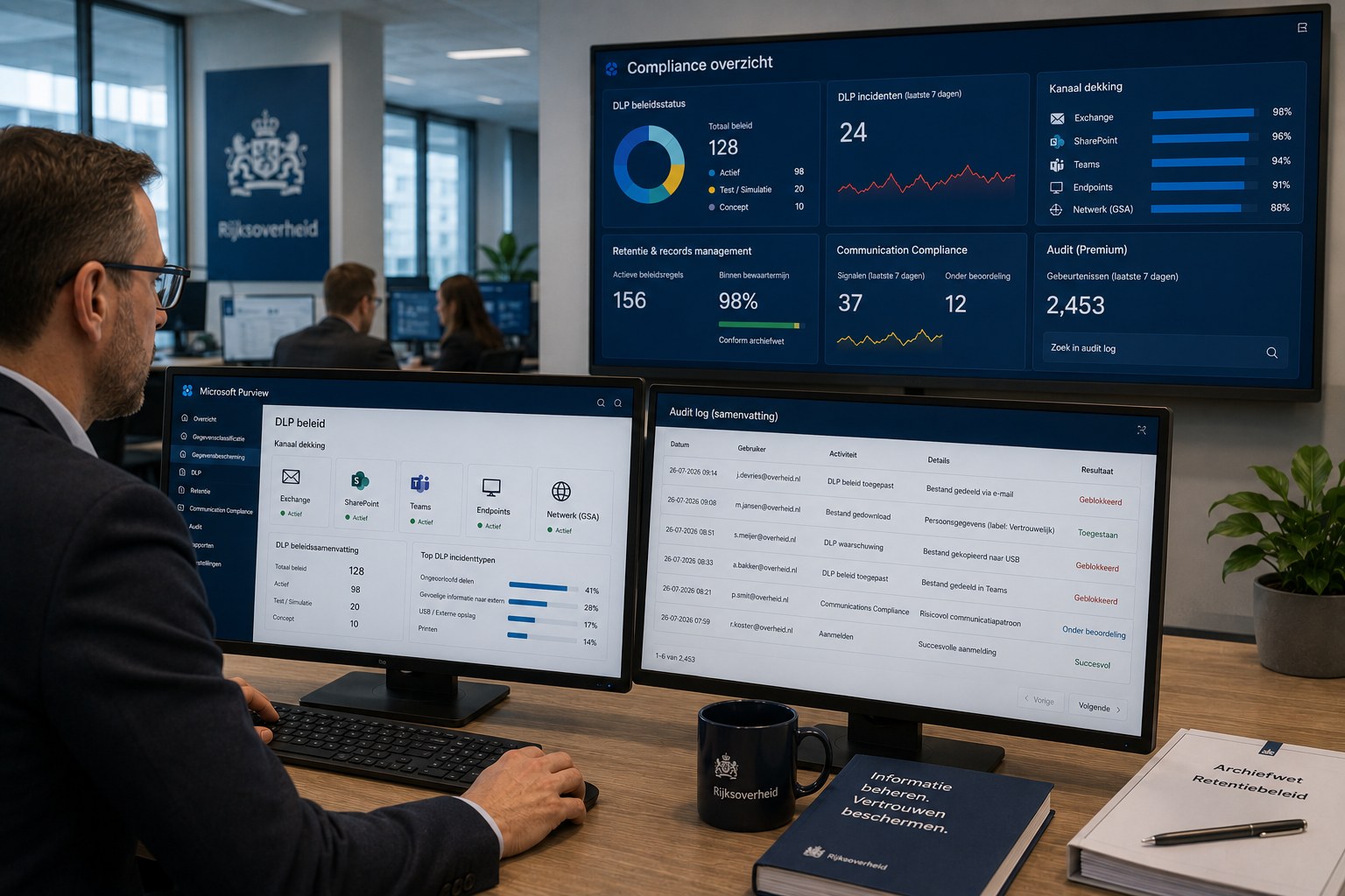 Overheidsmedewerker bekijkt DLP-beleid, kanaaldekking en het audit log in Microsoft Purview