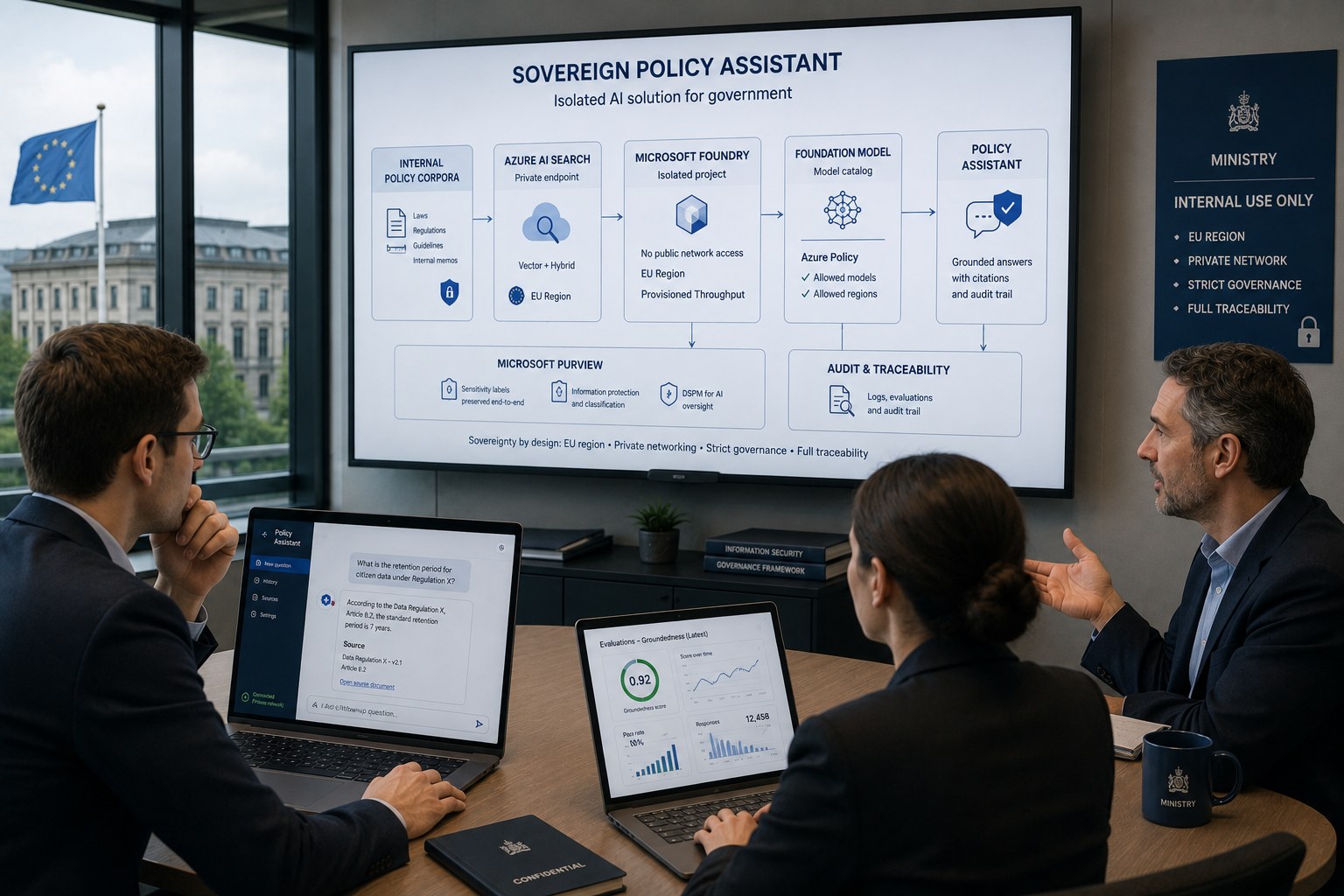 Ministry staff discuss the architecture of the sovereign Policy Assistant, with EU region and audit trail on screen