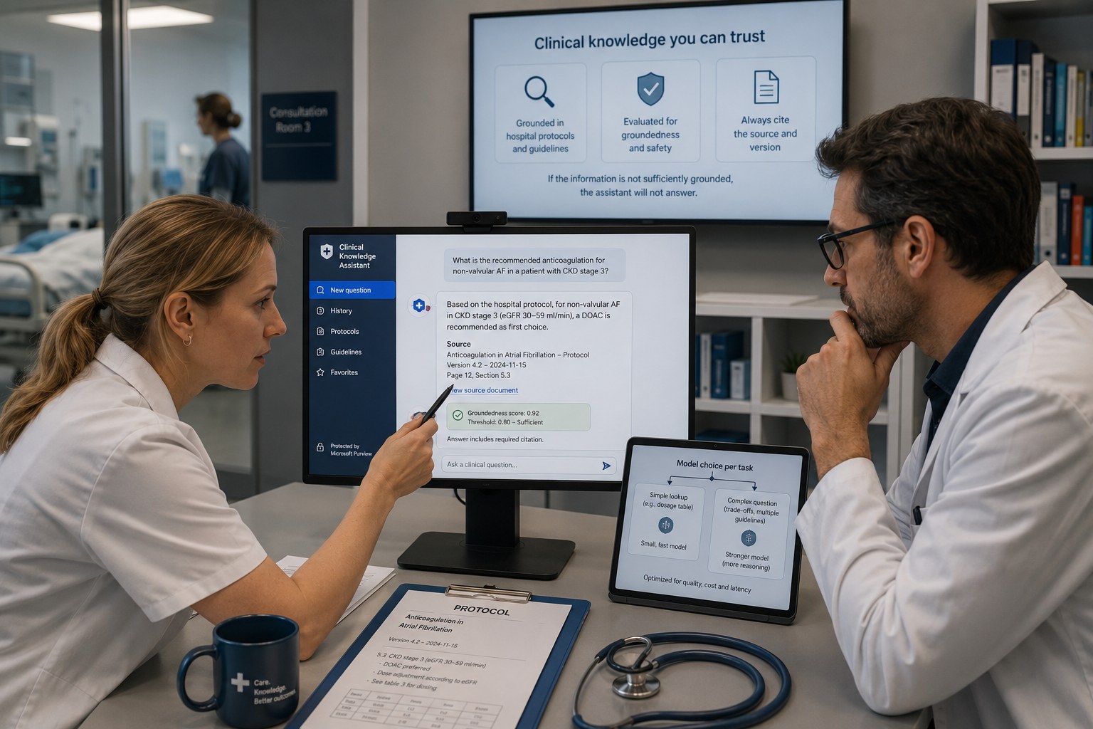 Two doctors consult the Clinical Knowledge Assistant on a screen, with a groundedness score and citation to the protocol